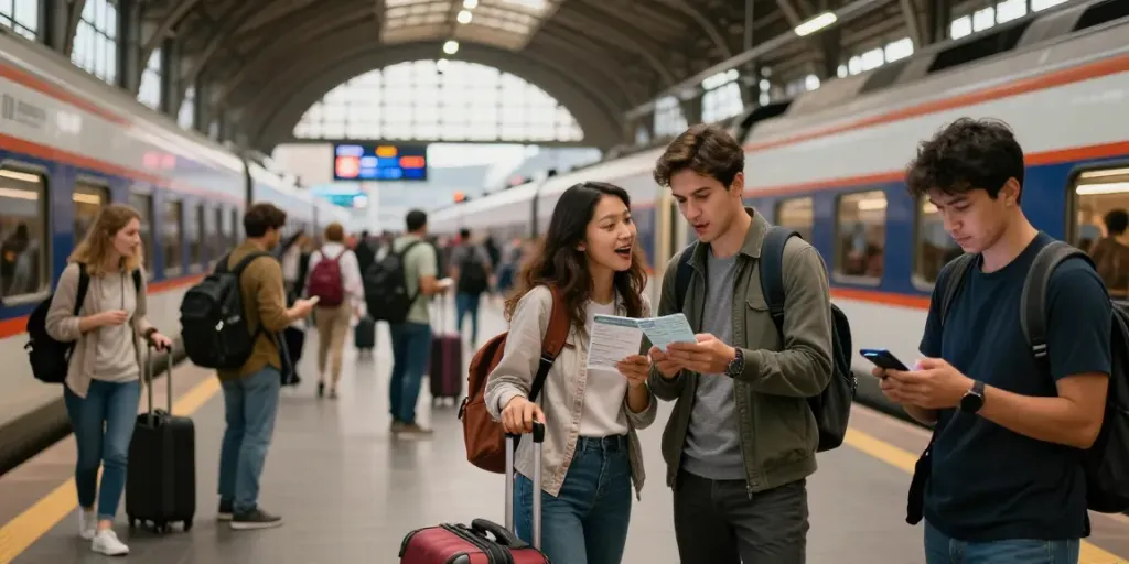 Zugtickets im Voraus buchen am geschäftigen Bahnhof mit Reisenden, die ihre Fahrpläne überprüfen.